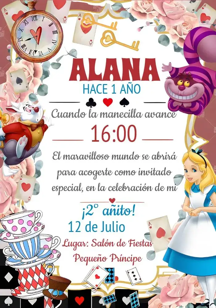 Invitación Alicia En El País De Las Maravillas Niña – tema Fechas Conmemorativas colores vibrantes, ilustraciones encantadoras, estilo lúdico, elementos del cuento, diseño mágico, toque infantil