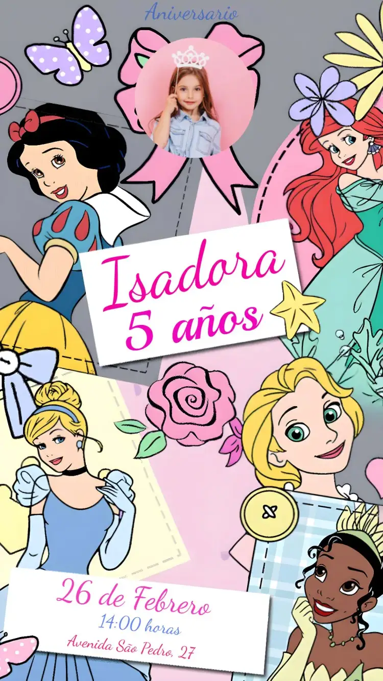 Invitación Princesas Con Foto Forma – tema Fechas Conmemorativas pastel, colorido, ilustraciones infantiles, estilo lúdico, temática de princesas