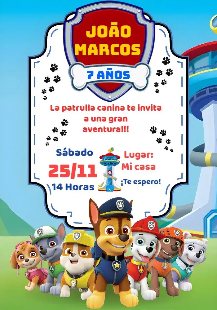 Invitación Patrulla Canina Marshall – tema Cumpleaños Infantil colores vibrantes, animaciones infantiles, elementos gráficos de perro, fondo colorido, temática de aventura, estilo divertido