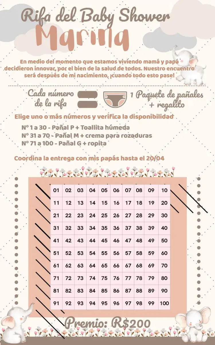 Invitación Chá Rifa Elefantinha Animais