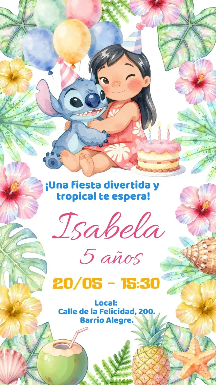 Invitación Digital Lilo y Stitch Tropical