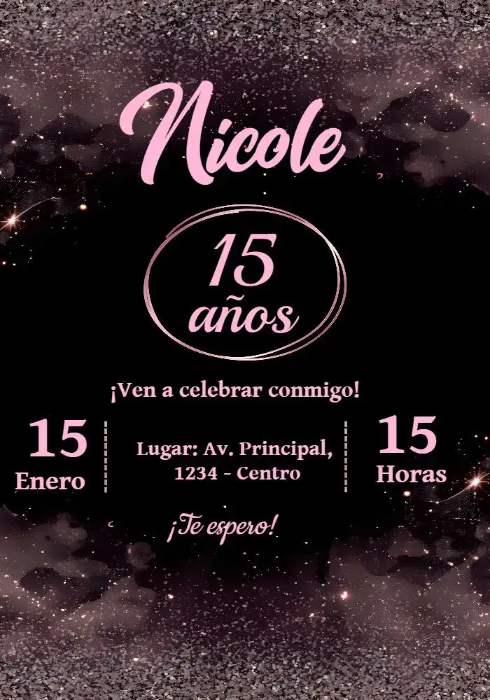 Invitación 15 Años Glitter Rose – tema 15 años brillantina, rosa, moderno, elegante, colorido