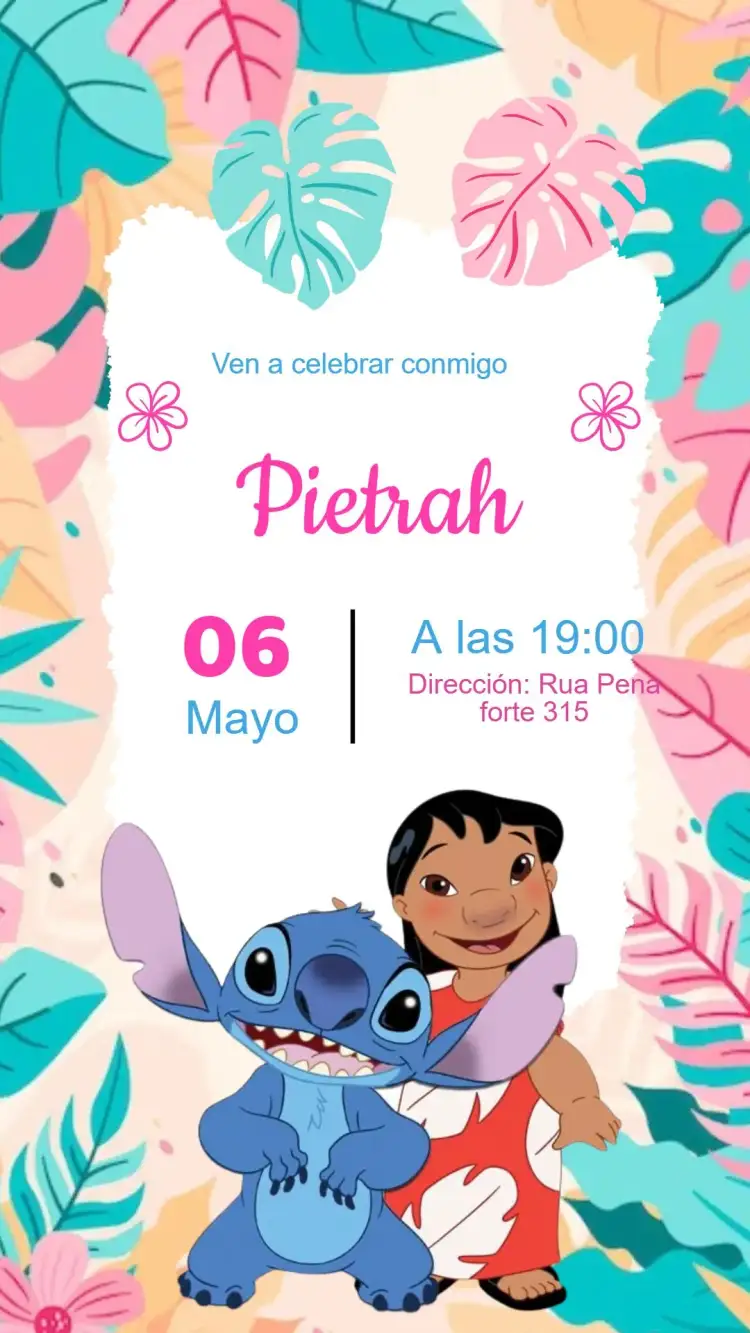 Invitación Invitación Cumpleaños Lilo y Stitch – tema Cumpleaños Infantil tropical, colorido, divertido, marítimo, Hawái