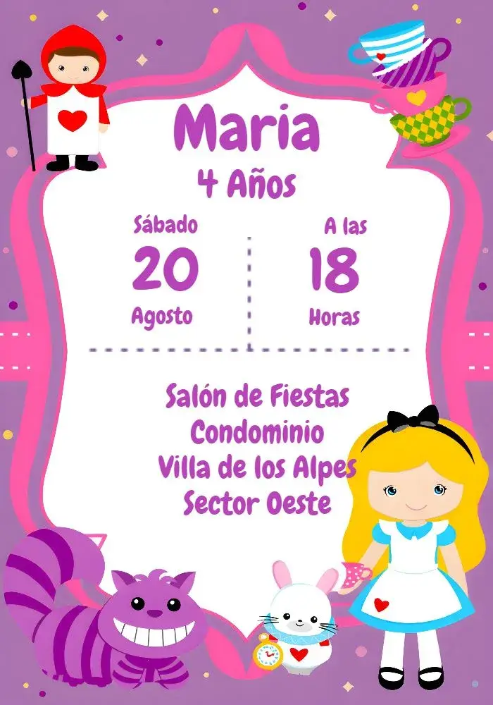 Invitación Alicia En El País De Las Maravillas Gato editable y personalizable