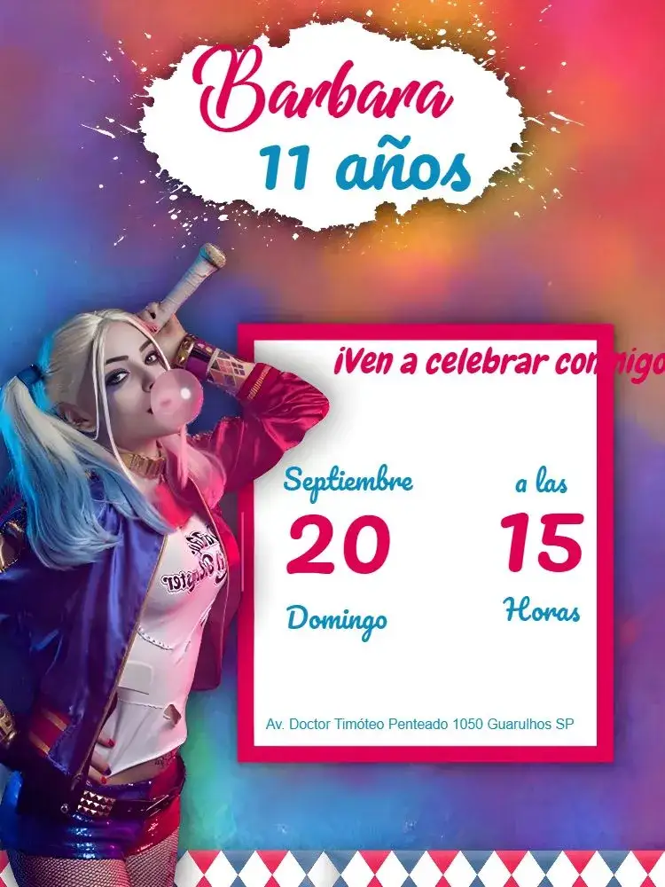 Invitación Arlequina Colorido – tema Cumpleaños Infantil colorido, divertido, temática de superhéroes, infantil, moderno