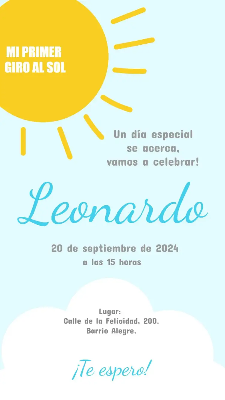 Invitación Mi Primera Vuelta Al Sol Cielo – tema Primera Comunión cielo azul, elementos infantiles, nubes, rayos de sol, estilo alegre
