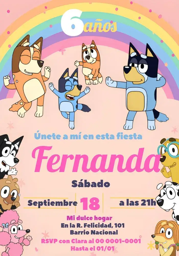 Invitación Bluey Íris – tema Más buscados colorido, divertido, infantil, arcoíris, moderno