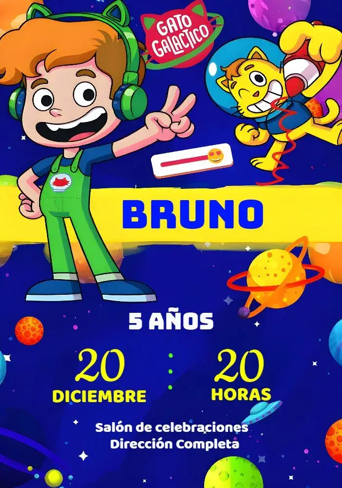 Invitación Gato Galáctico Azul