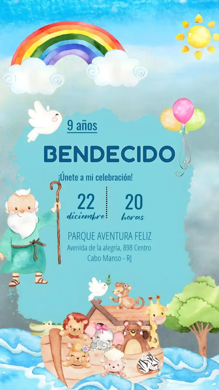 Invitación Arca De Noé Evangelio – tema Más buscados colorido, ilustraciones de animales, estilo infantil, temática bíblica, divertido, festivo