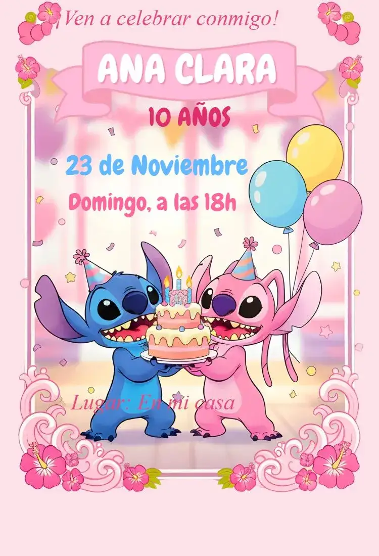 Invitación Invitación digital de Stitch y Angel – tema Cumpleaños kawaii, colorido, divertido, moderno, temático
