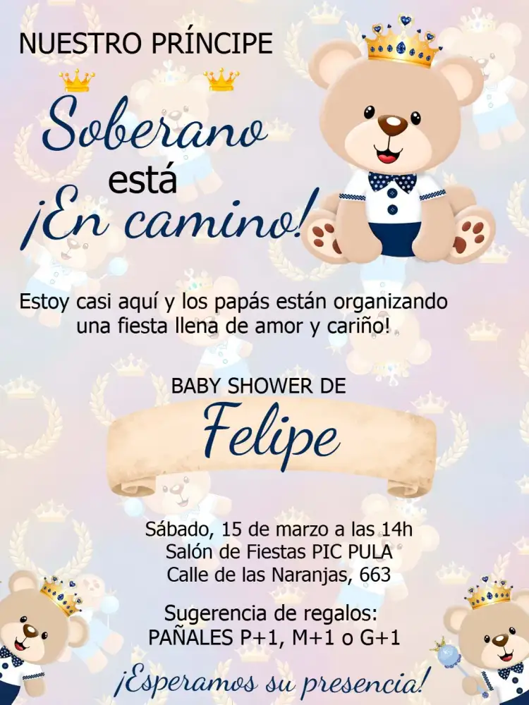 Invitación Baby Shower Príncipe Oso Té – tema Revelación Bebé azul, amarillo, negro, moderno, infantil, coronas