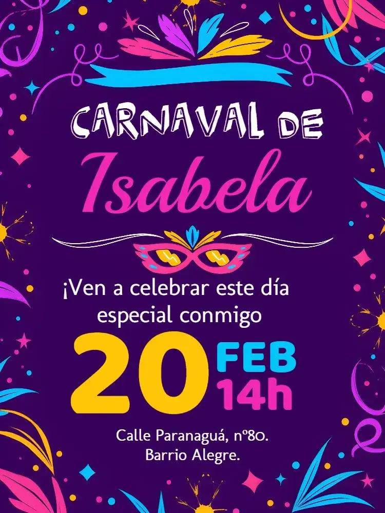Invitación Baile de Carnaval – tema Fechas Conmemorativas colorido, festivo, lúdico, moderno, vibrante, temático