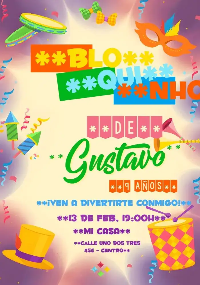 Invitación Bloquinho Menina – tema Fechas Conmemorativas colorido, infantil, divertido, lúdico, carnaval, alegre