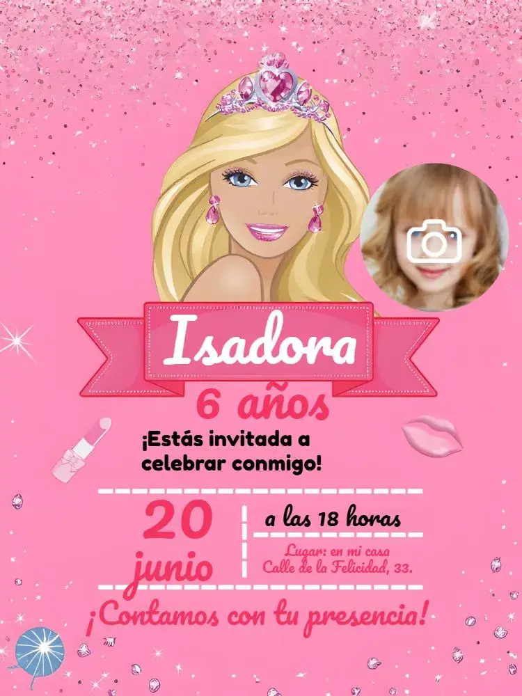Invitación Barbie Glitter Con Foto Niña