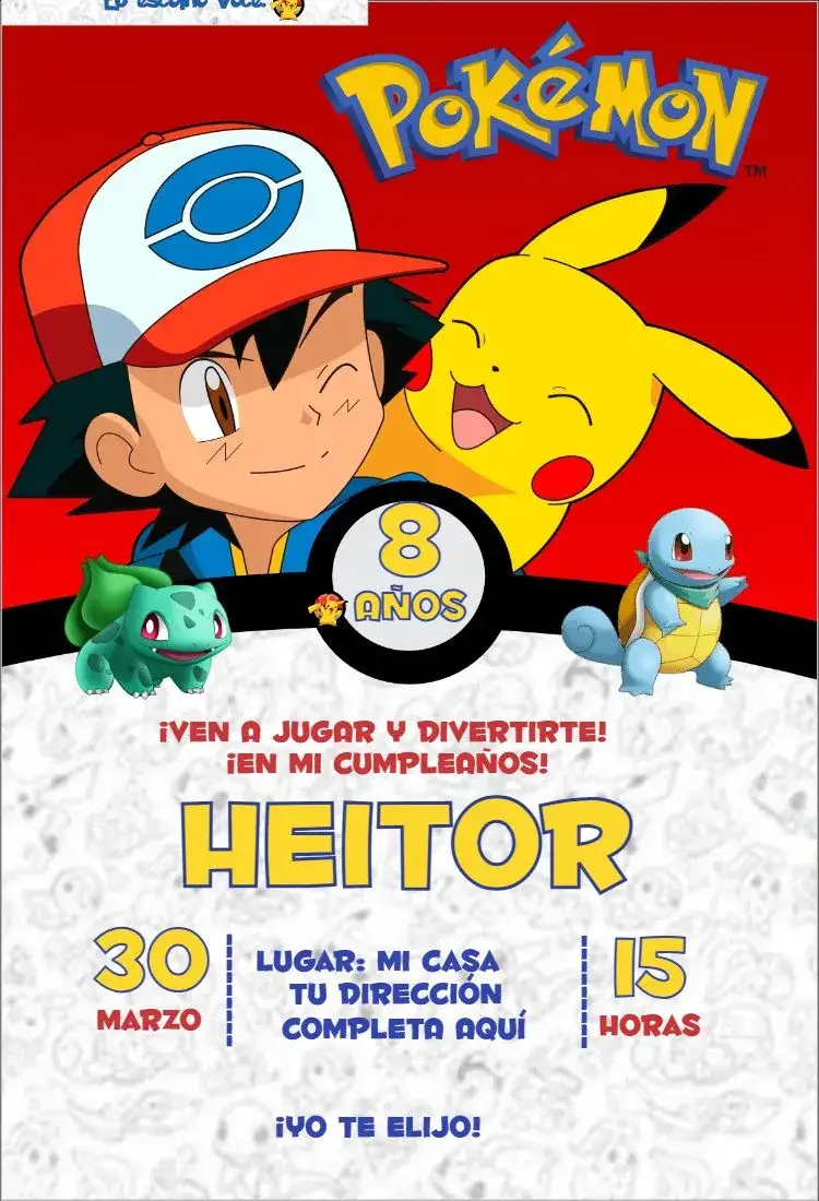 Invitación Pokemon 1 – tema Cumpleaños Infantil colorido, divertido, jovial, temático, animado