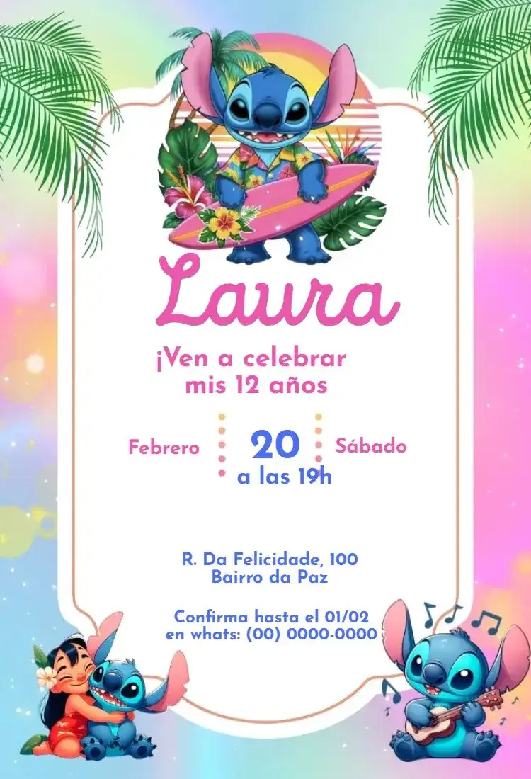 Invitación Lilo y Stitch Surf – tema Más buscados verano, playa, colorido, divertido, tropical, infantil