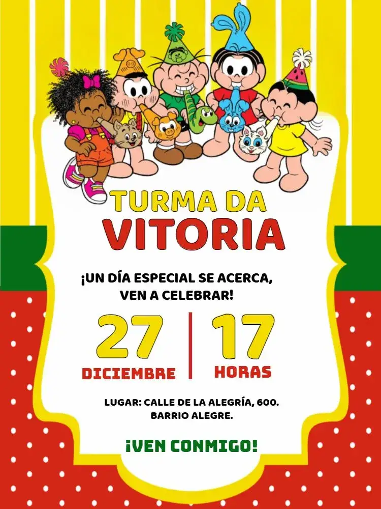 Invitación Turma Da Mônica Monica – tema Cumpleaños Infantil colorido, divertido, infantil, ilustraciones de cómics, moderno