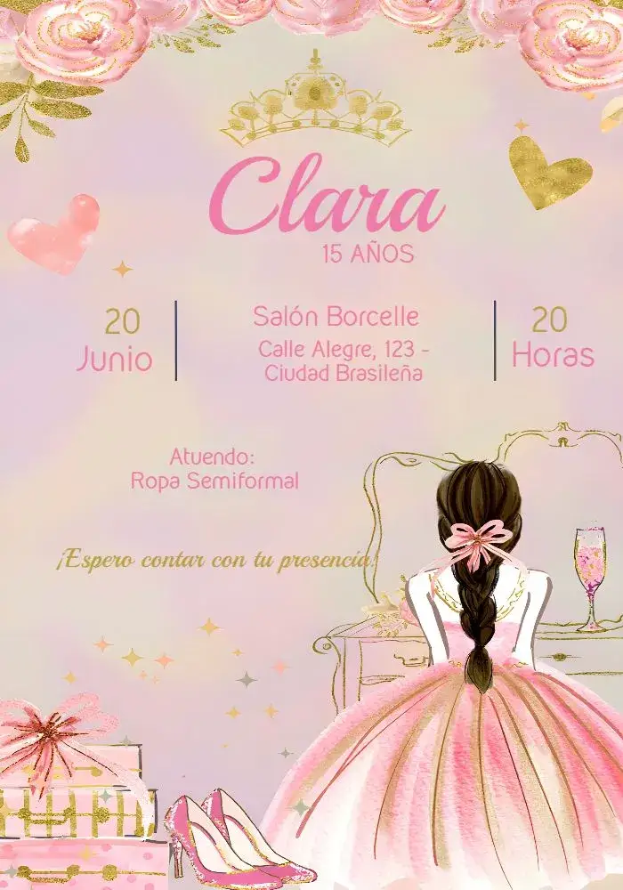 Invitación Invitación 15 Años Princesa Debutante – tema 15 años rosa, brillo, delicado, princesa, moderno, elegante