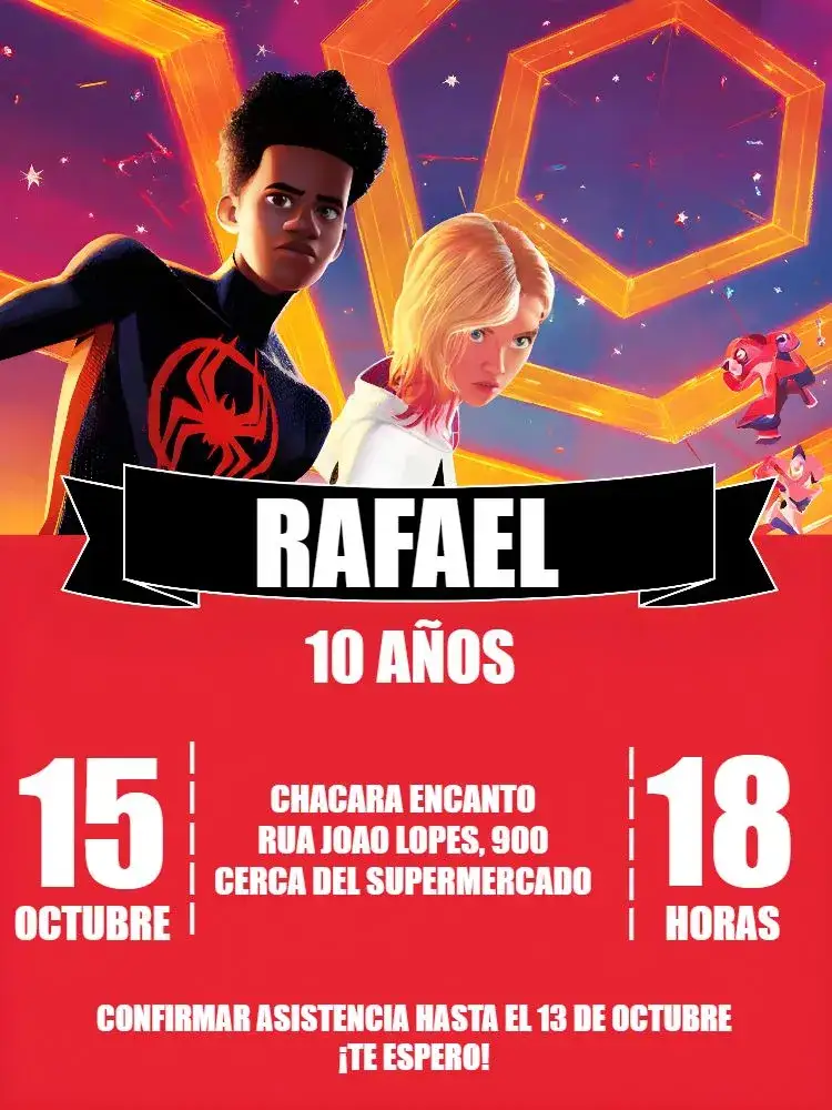 Invitación Hombre Araña: A Través Del Aranhaverso Digital – tema Fechas Conmemorativas rojo, negro, blanco, moderno, temático, superhéroe