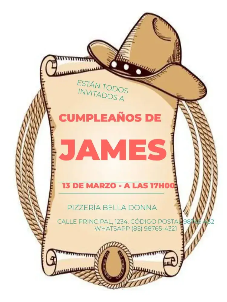 Invitación Fiesta de Vaquero – tema Cumpleaños Infantil colores vibrantes, inspirado en el oeste, elementos gráficos de vaquero, diseño divertido, estilo rústico, detalles en madera