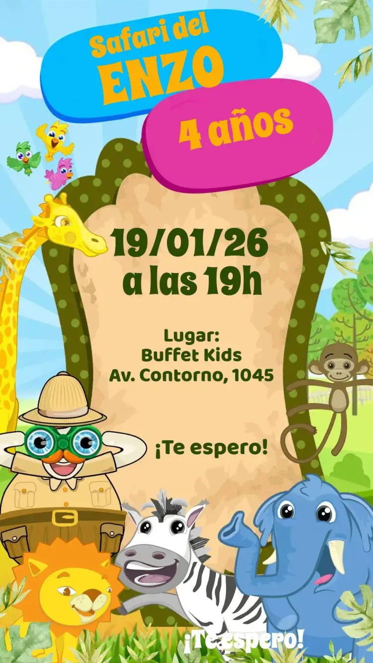 Invitación Mundo Bita Safari – tema Cumpleaños Infantil colorido, divertido, animales, selva, infantil, temático