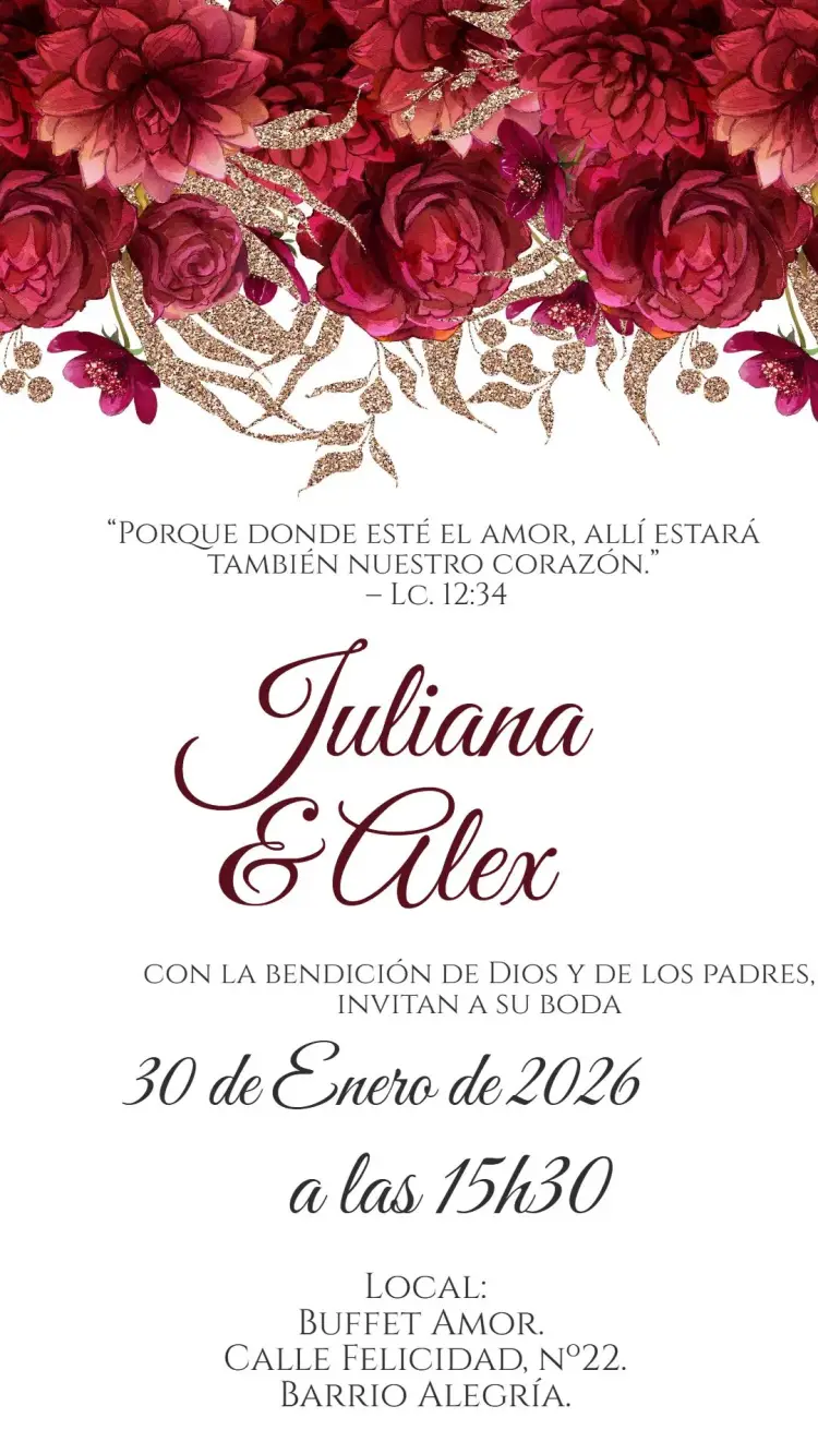 Invitación Boda floral rojo Vino Borgoña editable y personalizable