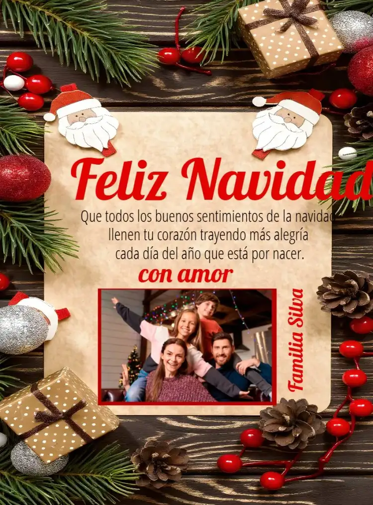 Tarjeta De Feliz Navidad En Familia Con Foto de Noel