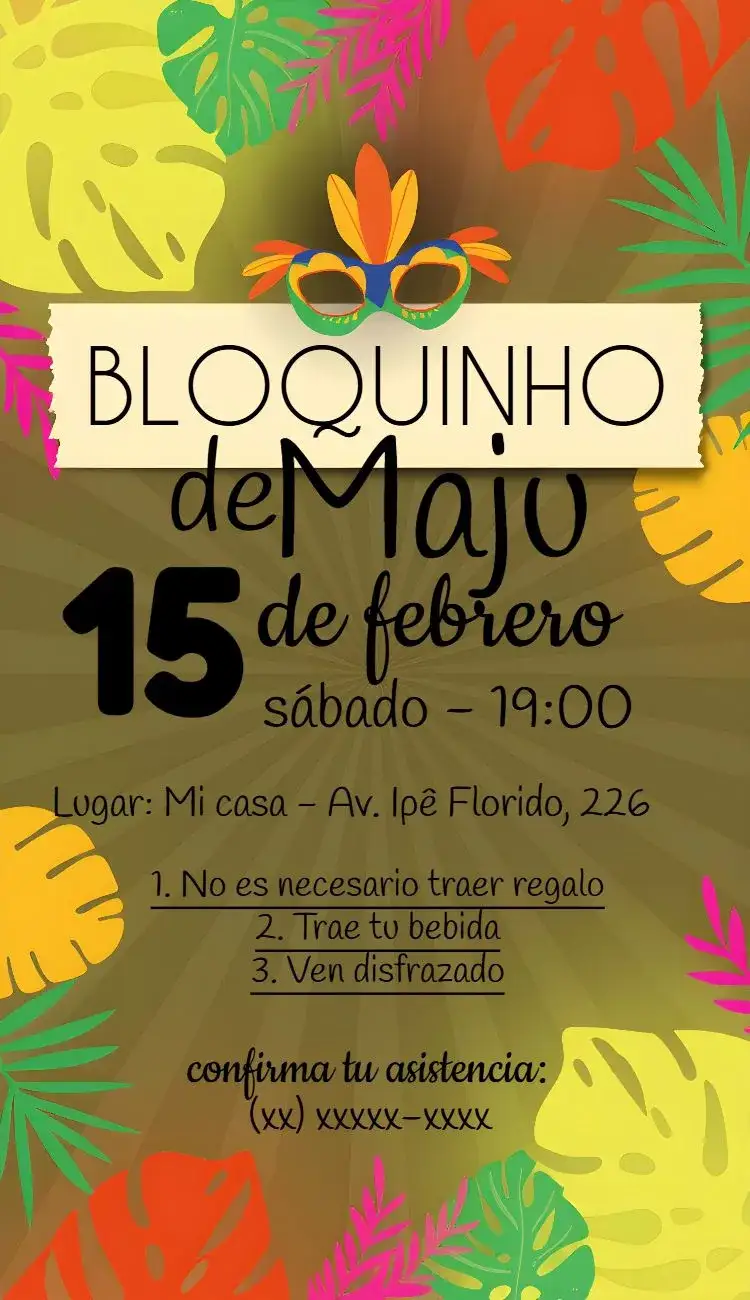 Invitación Fiesta Carnaval Celebración – tema Fechas Conmemorativas colorido, festivo, divertido, brillante, tropical, alegre