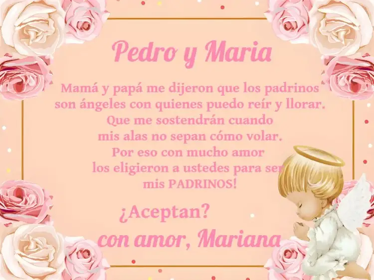 Invitación Padrinos De Bautismo Anjita Bautizada – tema Bautismo rosa, blanco, angelito, religioso, delicado