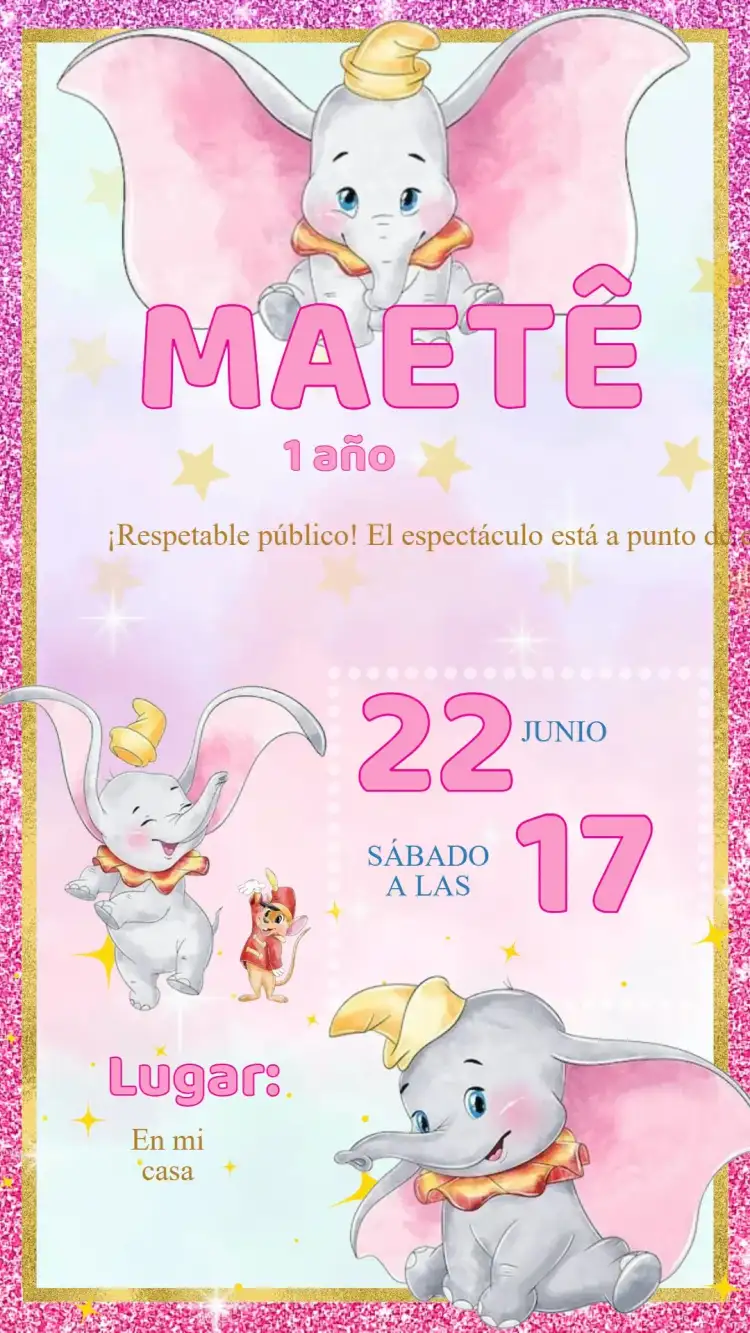 Invitación Cumpleaños Dumbo Rosa