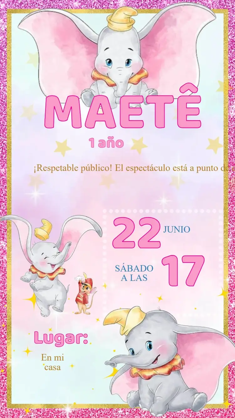Invitación Cumpleaños Dumbo Rosa
