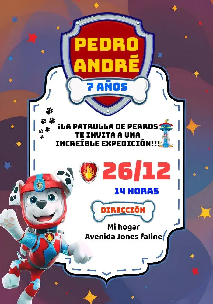 Invitación Patrulla Canina Marshall Niño – tema Cumpleaños Infantil colorido, divertido, temático, animado, infantil