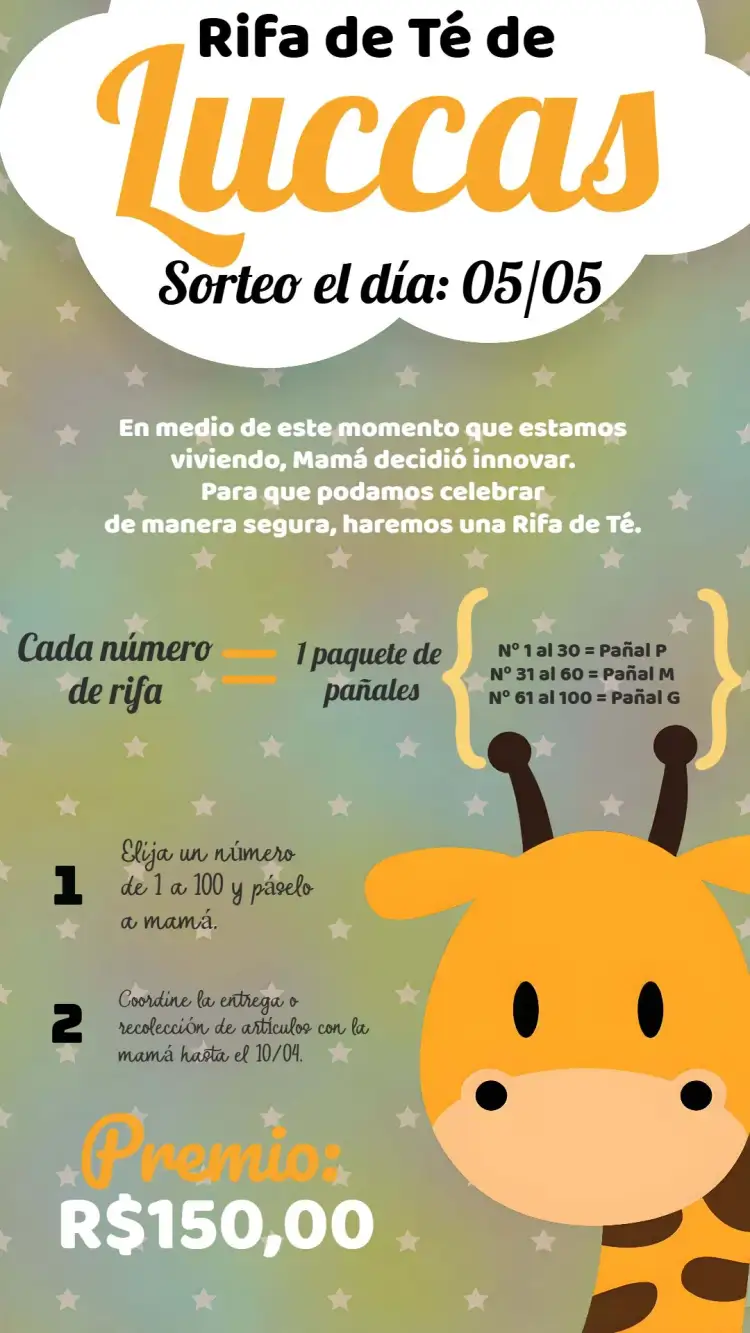 Invitación Chá Rifa Girafa Girafinha – tema Té Rifa safari, animales, colores suaves, divertido, infantil, moderno