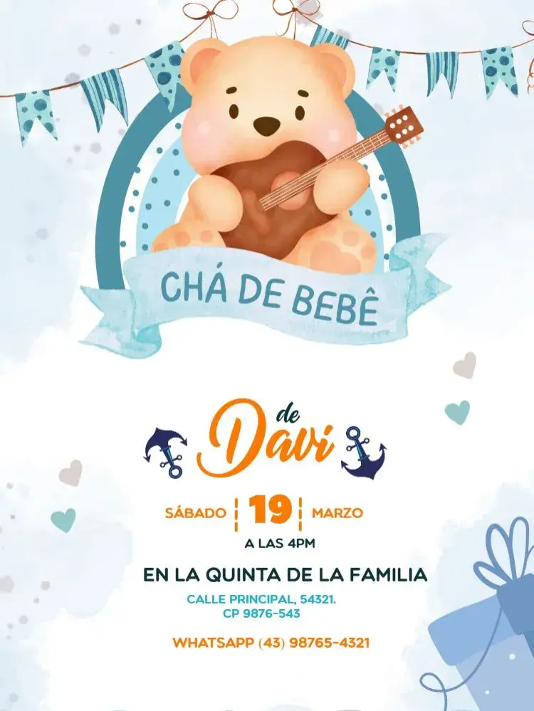 Invitación Oso Baby Shower Azul Ancla