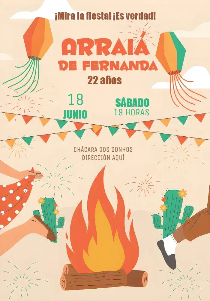 Invitación Arraiá São – tema Fechas Conmemorativas junino, caipira, colorido, festivo, rústico