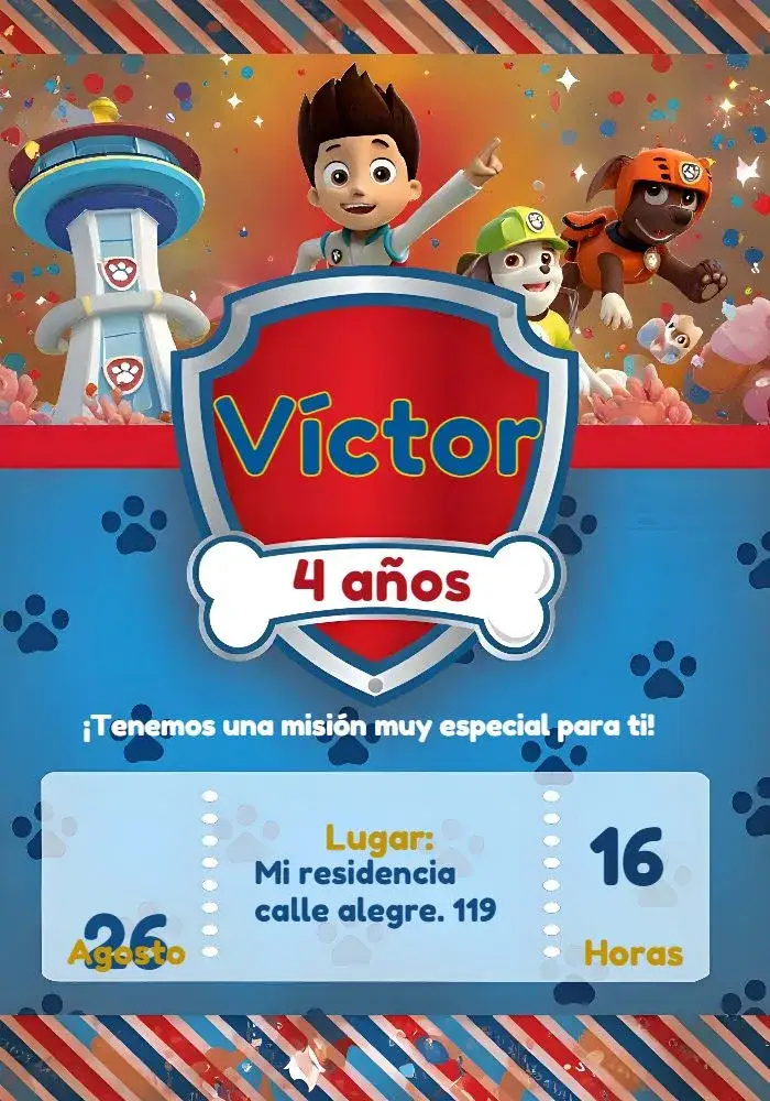 Invitación Patrulla Canina Azul – tema Cumpleaños Infantil azul, colorido, divertido, infantil, temático