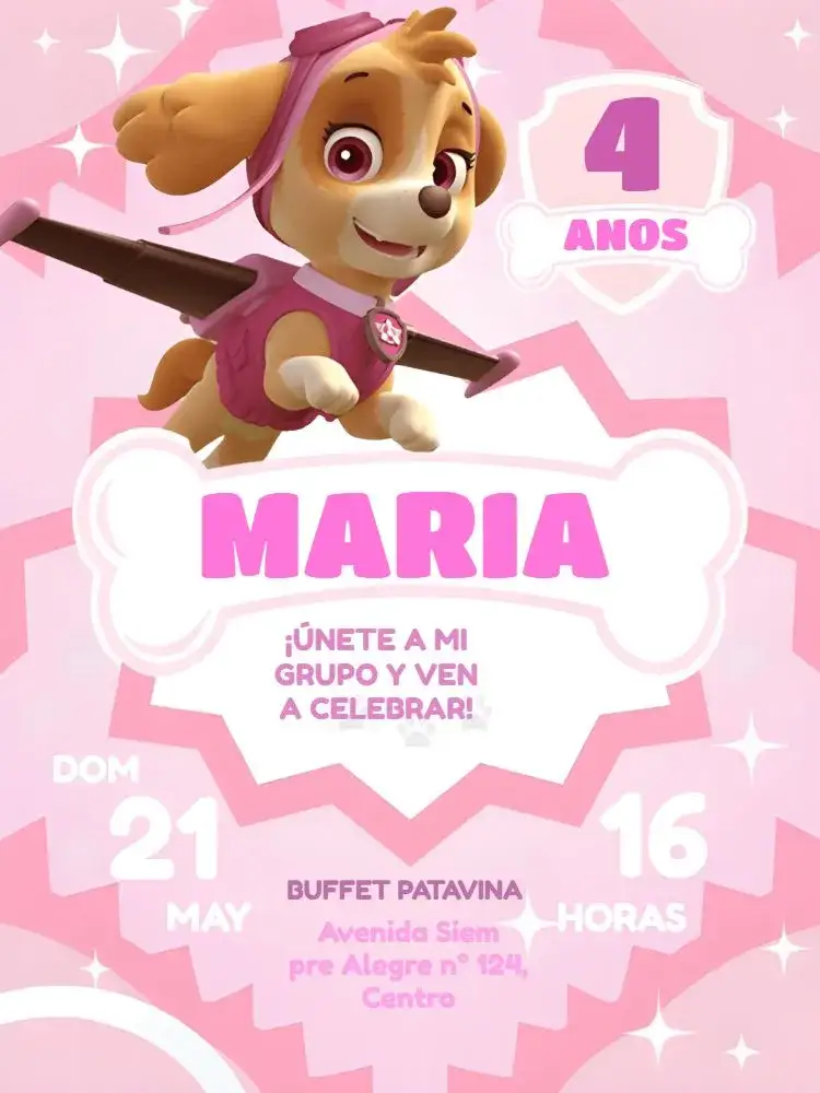 Invitación Skye Patrulla Canina – tema Cumpleaños Infantil rosa, divertido, temático, infantil, colorido