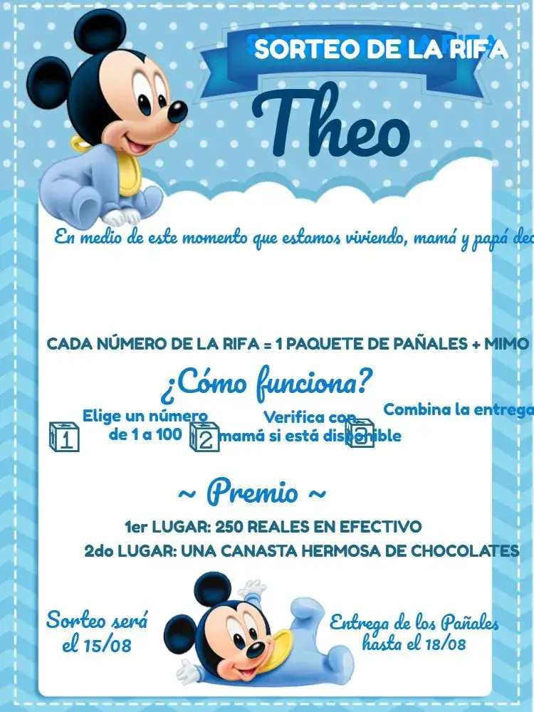 Invitación Té Rifa Mickey Baby Menin Preto – tema Té Rifa moderno, divertido, temático, azul y negro, infantil, Mickey Mouse