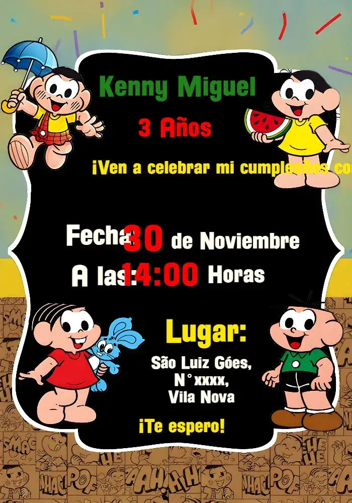Invitación Turma De La Mónica Verde – tema Cumpleaños Infantil colorido, divertido, infantil, moderno, brincalhão