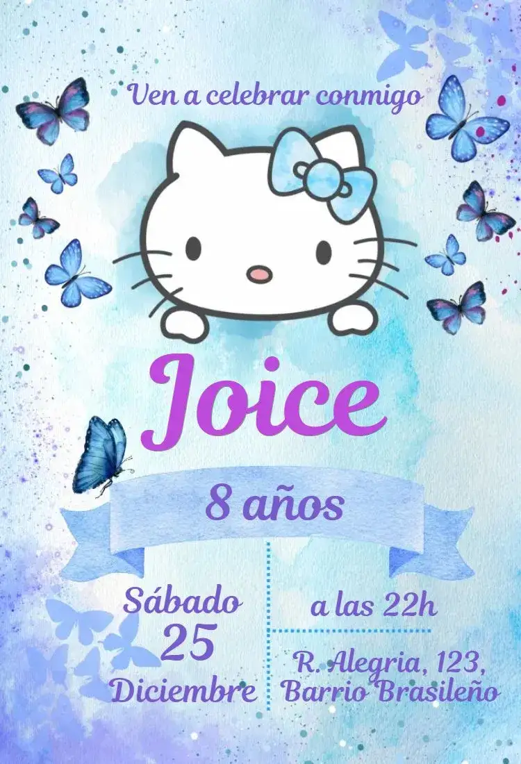 Invitación Hello Kitty Mariposas – tema Cumpleaños Infantil colorido, lúdico, infantil, divertido, fofo, moderno