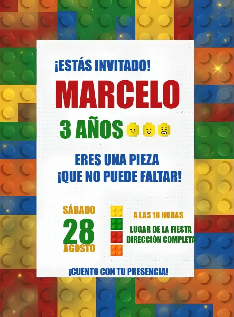 Invitación Lego Hacer – tema Más buscados colorido, juguetes, divertido, moderno, infantil, temático