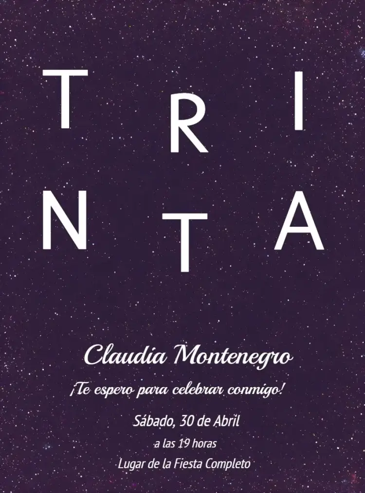 Invitación Treinta Años Minimalista Morado – tema 15 años minimalista, modernidad, púrpura, purpurina, elegancia, fiesta sofisticada