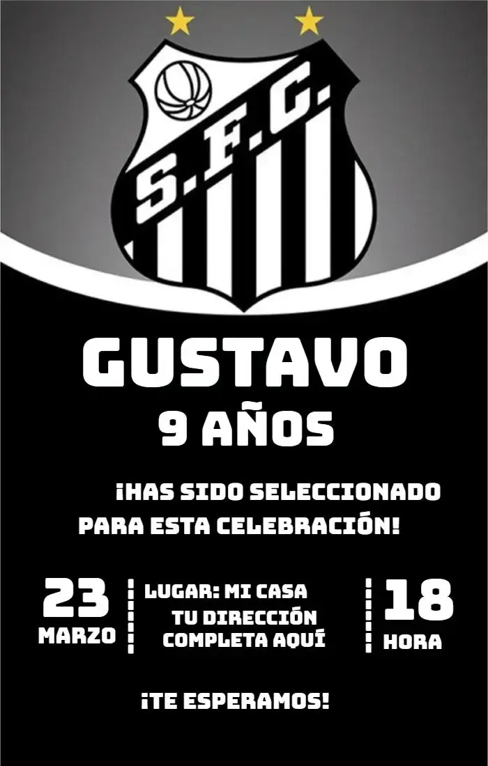 Invitación Santos 1 – tema Cumpleaños fútbol, moderno, vibrante, deportivo, dinámico