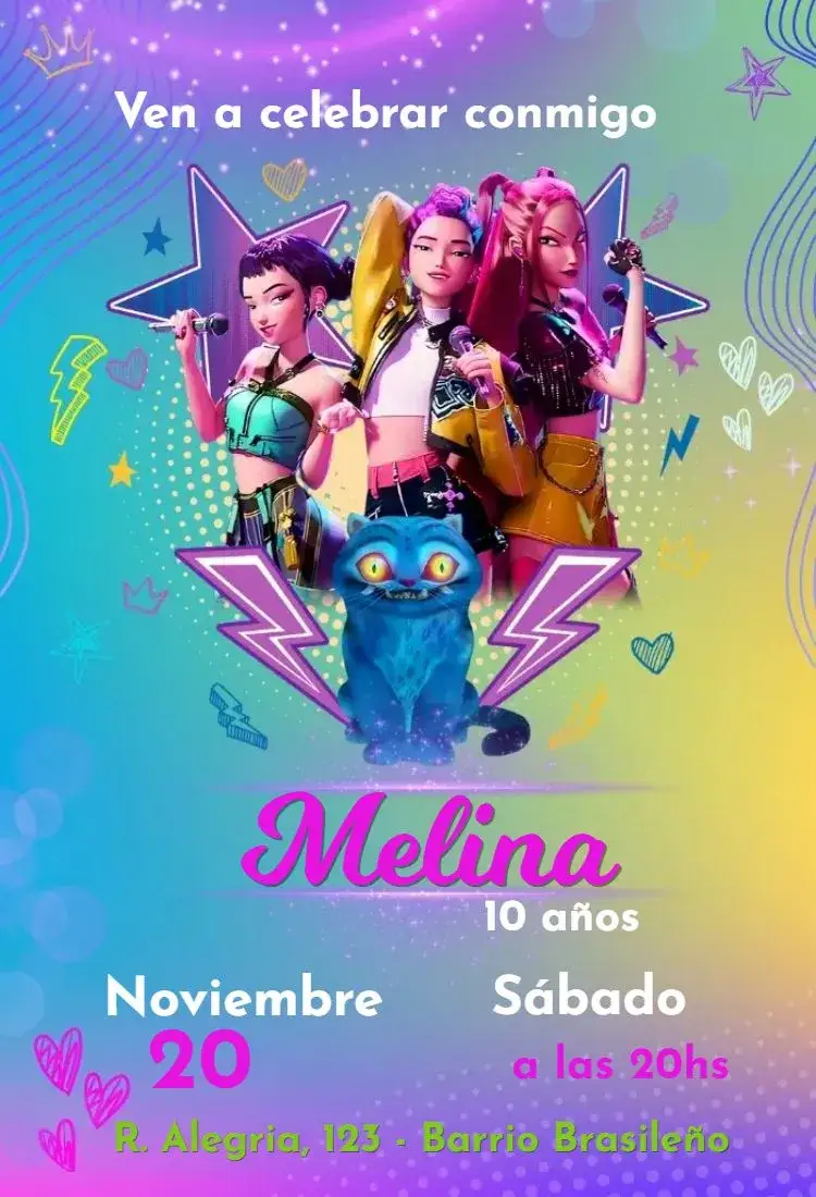 Invitación Cazadores de Demonios K-Pop – tema Cumpleaños Infantil colorido, moderno, pop, divertido, anime, joven