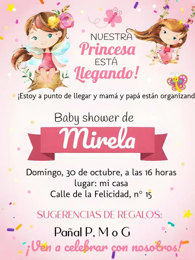 Invitación Baby Shower Jardín Encantado Banda – tema Baby Shower jardín encantado, rosa y blanco, corona, estilo delicado, toque moderno