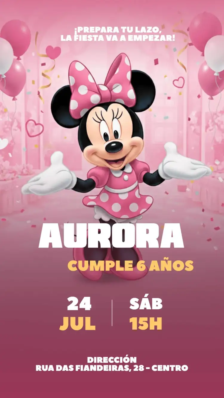 Invitación Invitación Digital Minnie Mouse – tema Cumpleaños Infantil rosa, blanco, Disney, globos, divertido, infantil