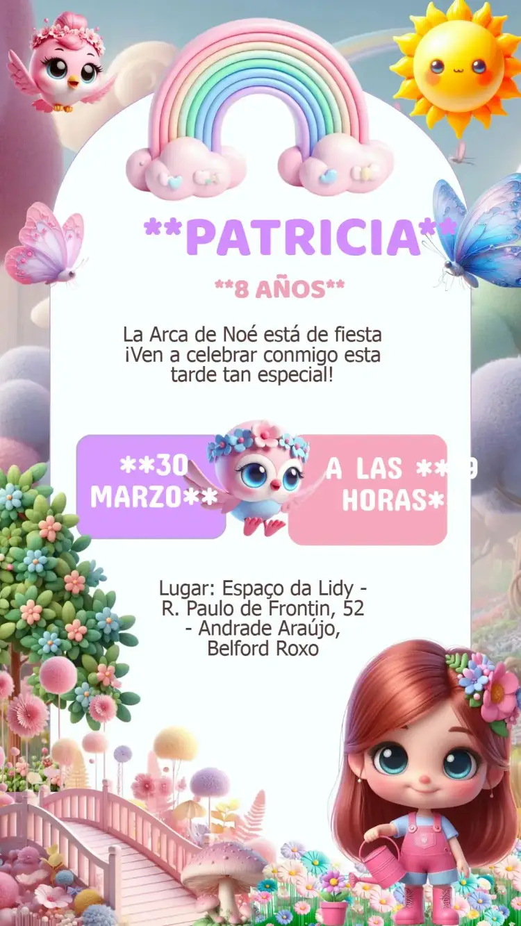 Invitación Invitación Cumpleaños Jardín Encantado – tema Cumpleaños Infantil floral, mágico, colorido, lúdico, natureza, fantasía