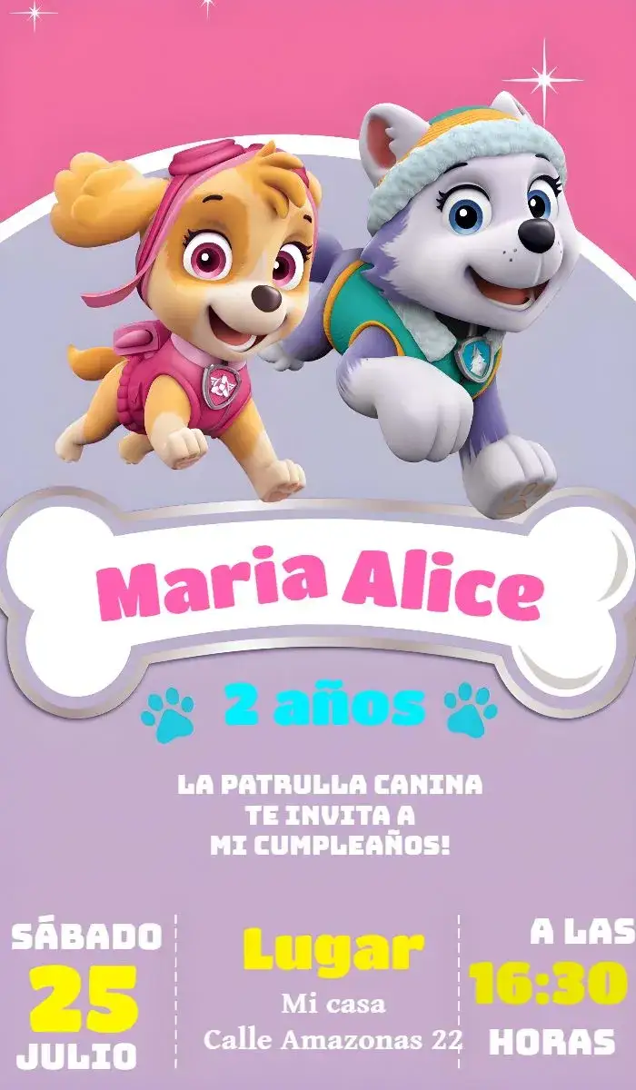 Invitación Patrulla Canina Negro – tema Cumpleaños Infantil colorido, temático, divertido, infantil, moderno