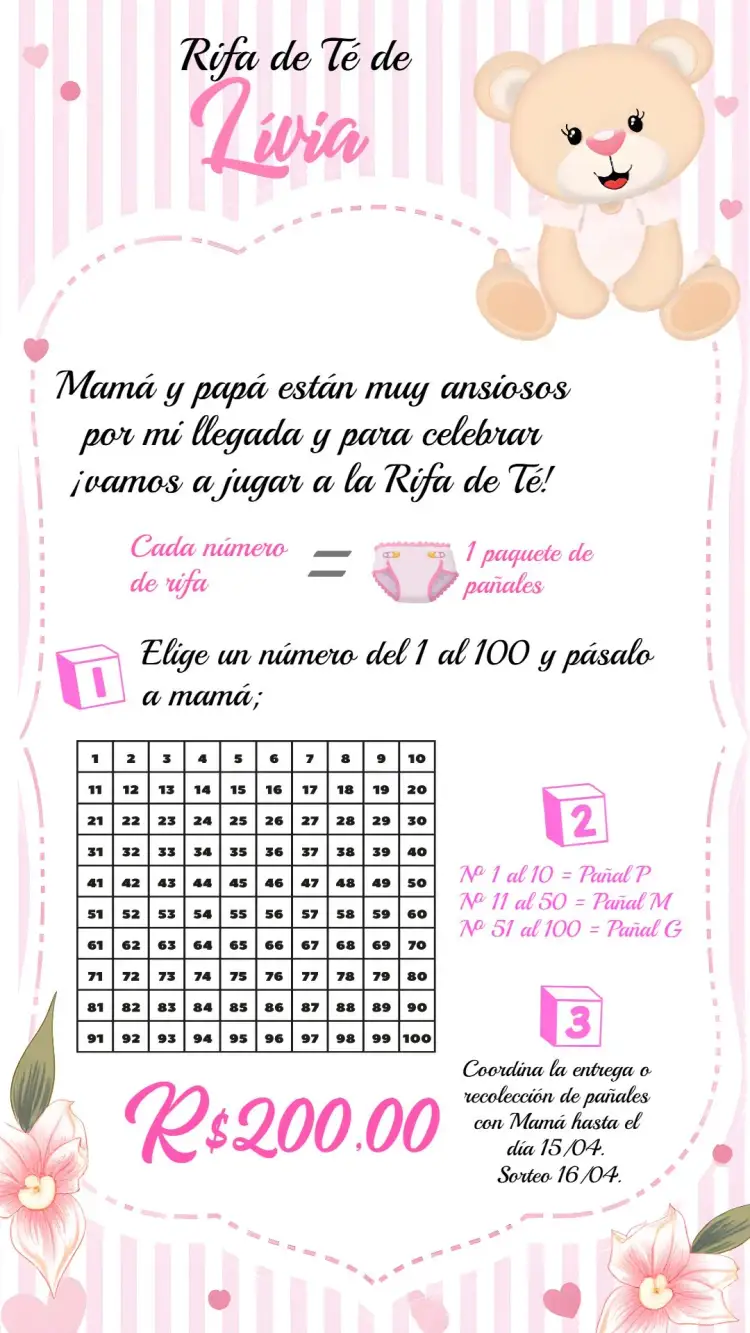 Invitación Té Rifa Osita Princesa Bebé – tema Té Rifa floral, rosa, princesa, delicado, colorido