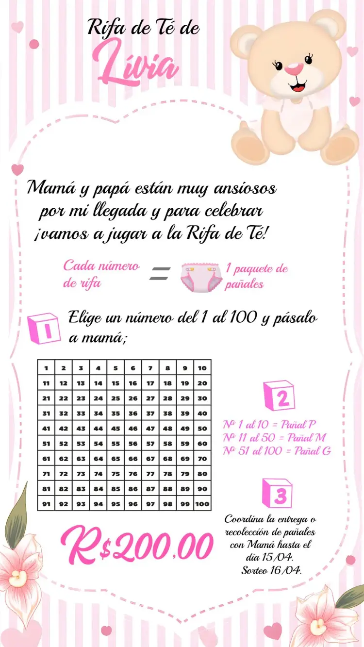 Invitación Té Rifa Osita Princesa Bebé